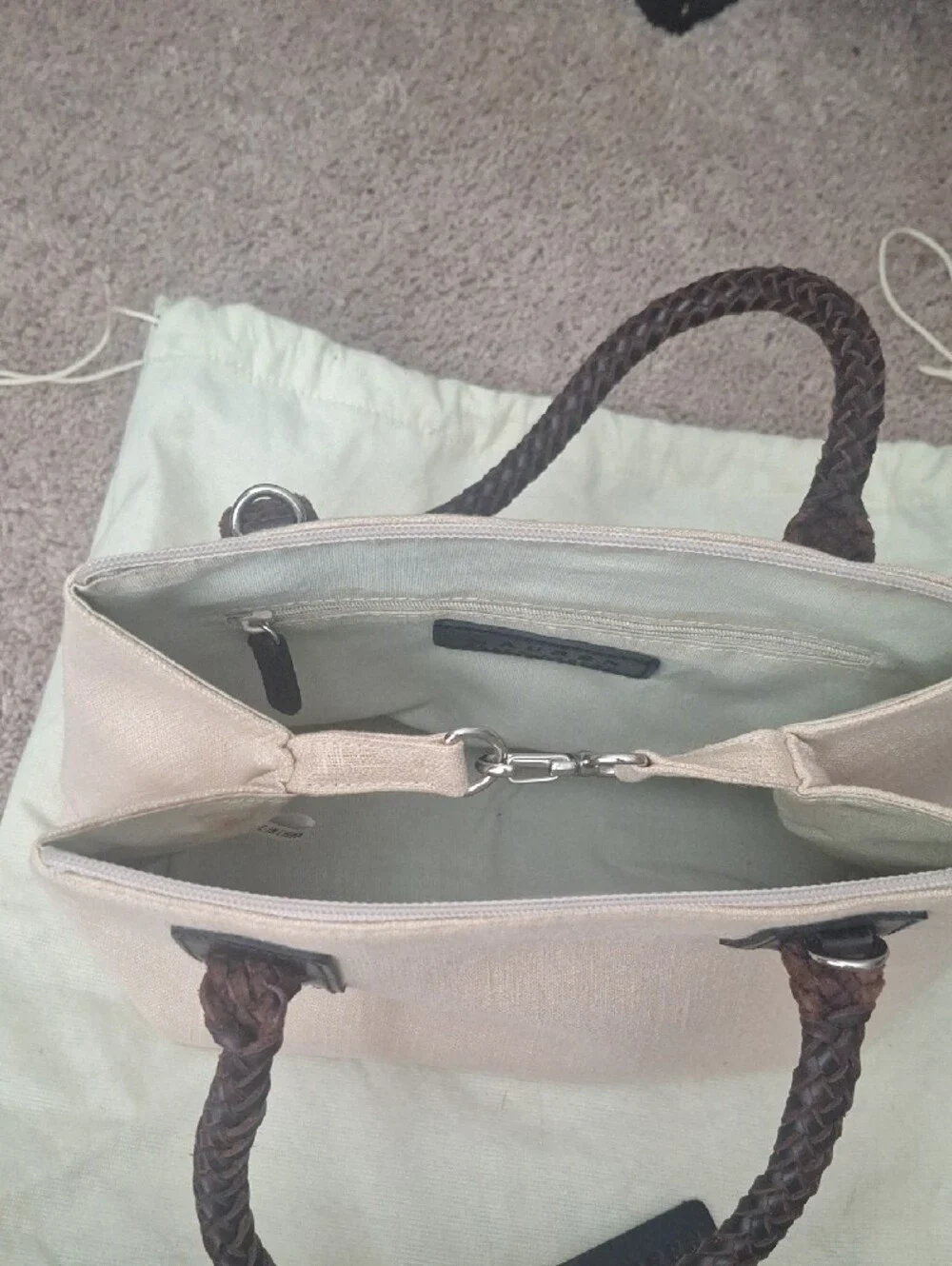 LAUREN - Ralph Lauren Beige Linen Purse with Brown Leather Braided Handles